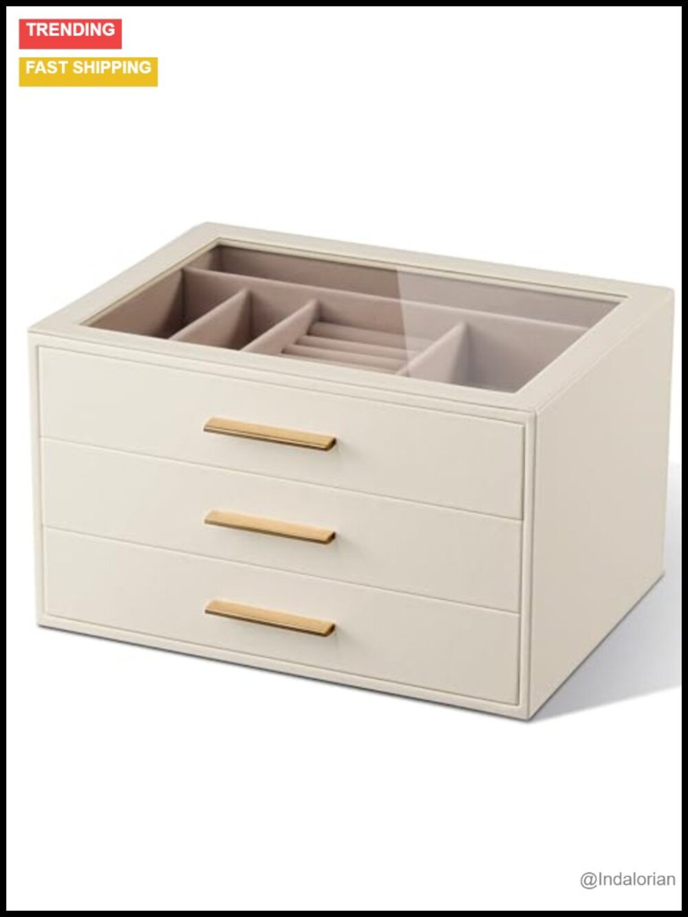 3-Layer Jewelry Box Organizer Glass Window Velvet Lining
